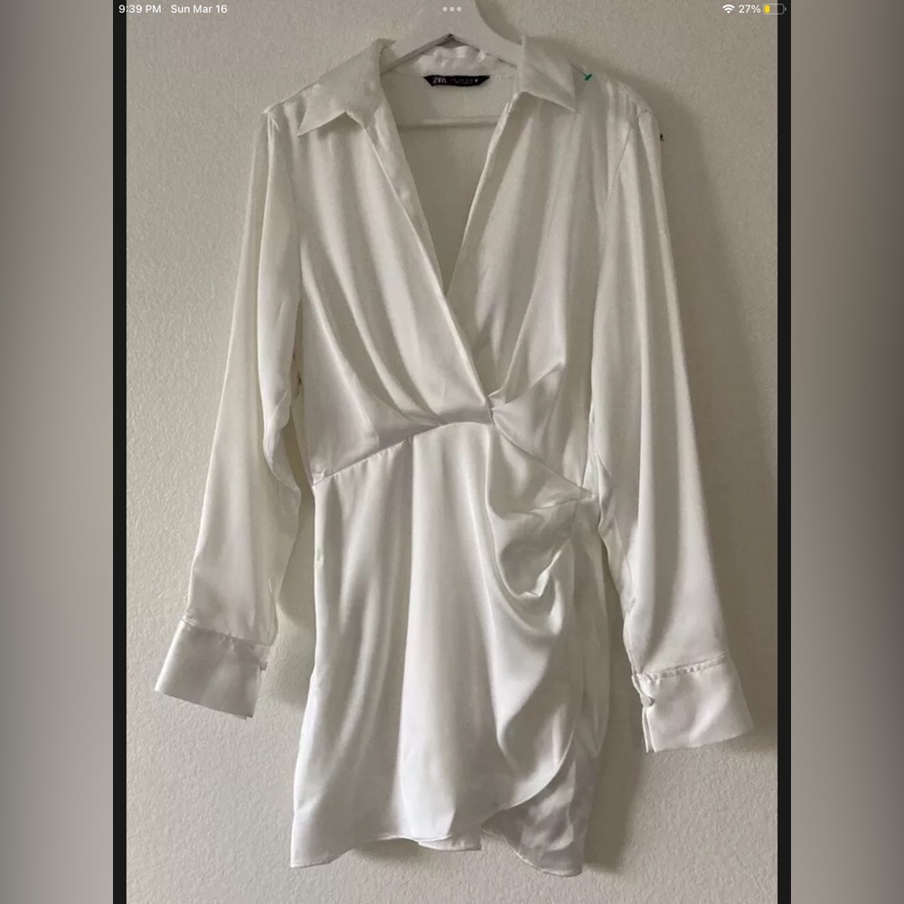 Zara Satin Effect Long Sleeve Mini Dress Size Small Womens White 2950/331